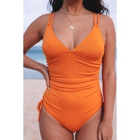 Orange Adjustable Straps Ribbed Knit One Piece Swimsuit - S thumbnail