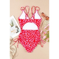 Leopard Orange Adjustable Straps Ribbed Knit One Piece Swimsuit - M thumbnail