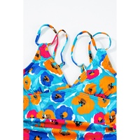 Sky Blue Orange Adjustable Straps Ribbed Knit One Piece Swimsuit - S thumbnail