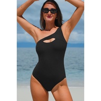 Black Ribbed One Shoulder Hollowed One Piece Swimsuit - S thumbnail