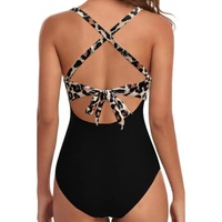 Black Leopard 2-tone Crossed Cutout Backless Monokini - S thumbnail