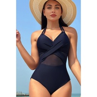 Navy Blue Halter Mesh Insert Cross Front One-Piece Swimsuit - S thumbnail