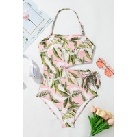 Pink Tropical Asymmetric Cut out Halter Backless One Piece Swimwear - 2XL thumbnail