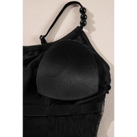 Black Beaded Spaghetti Straps Ruched Overlapped Colorblock One Piece Swimsuit - XL thumbnail