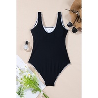 Black Color Block Ric Rac Trim U Neck One Piece Swimsuit - L thumbnail