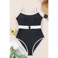 Black Contrast Trim Two Tone Belted One Piece Swimsuit - M thumbnail