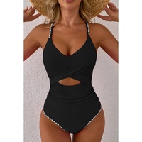 Black Ric Rac Trim Contrasted Patchwork Cutout One Piece Swimsuit - L thumbnail
