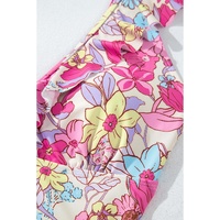 Pink Floral Ruffle Trim V Neck Lace-up Back Tummy Control One Piece Swimsuit - M thumbnail