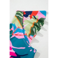 Green Tropical Print V Neck Tied Backless One Piece Swimsuit - S thumbnail
