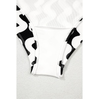 Black Stripe Bowknot Ricrac Print V Neck Low Back Cut One Piece Swimsuit - S thumbnail