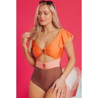 Orange Ruffle Sleeve Tricolor Cutout Front Ring One Piece Swimsuit - L thumbnail