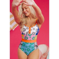 Orange Floral Colorblock Buttoned Decor Front Spaghetti Straps Teddy Swimsuit - M thumbnail