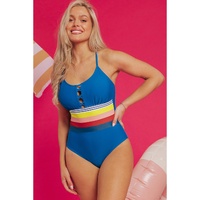 Prussian Blue Contrast Stripe Accent Crisscross One Piece Swimwear - S thumbnail