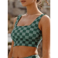 Green Checkered Print Square Neck Cropped Swim Top - XL thumbnail