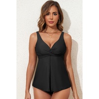 Black Crossed V Neck Adjustable Strap Babydoll Tankini Top - M thumbnail