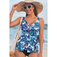 Green Floral Print Padded V Neck Tankini Top - S thumbnail