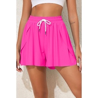 Rose Red Drawstring Elastic Waist Lined Ruffle Shorts Bikini Bottom - S thumbnail