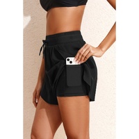 Black High Waisted Drawstring 2-in-1 Side Pocket Color Block Bikini Shorts - L thumbnail