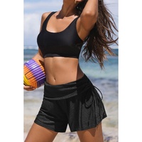Black Drawstring Ruched High Waist Loose Swim Shorts - L thumbnail
