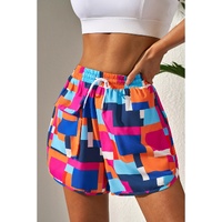 Rose Geometric Printed Drawstring Waist Beach Shorts with Pockets - M thumbnail