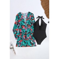 Black Halter Neck Monokini with Floral Beach Cover Up - S thumbnail