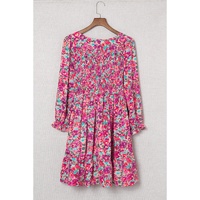 Purple Smocked V Neck Puffy Sleeve Floral Dress - S thumbnail