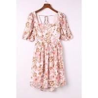 White Floral Print Bow Knot Backless Square Neck Mini Dress - XL thumbnail