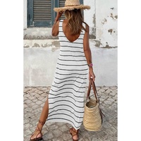 White Stripe Print Open Back Sleeveless Maxi Dress with Slits - XL thumbnail