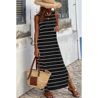 Black Stripe Print Open Back Sleeveless Maxi Dress with Slits - M thumbnail