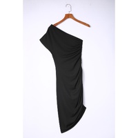Black One-shoulder Short Sleeve Ruched Bodycon Dress - M thumbnail