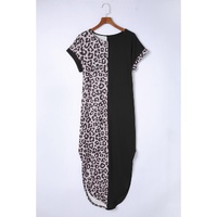 Black Contrast Solid Leopard Short Sleeve T-shirt Dress with Slits - S thumbnail
