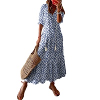 Azura Exchange Sky Blue V Neck Casual Geometric Print Maxi Dress - S thumbnail