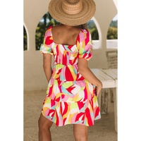Multicolor Geometric Print Smocked Babydoll Mini Dress - M thumbnail