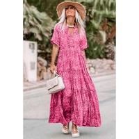 Pink Paisley Print Boho Holiday Ruffle Tiered Maxi Dress - L thumbnail
