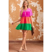 Multicolor Color Block Tiered Puff Sleeve Dress - S thumbnail