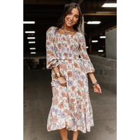 Azura Exchange Multicolor Floral Smocked Long Sleeve Pocketed Dress - L thumbnail