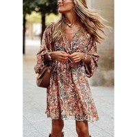 Brown Geometric Print Long Sleeve Surplice Flowy Dress - S thumbnail