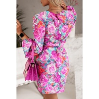 Azura Exchange Purple Floral Keyhole Back Long Sleeve Belted Dress - M thumbnail