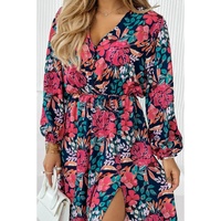 Azura Exchange Red V Neck Elastic High Waist Split Floral Dress - S thumbnail