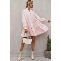 Pink Frilled Stand Collar Long Sleeve Ruffle Dress - L thumbnail