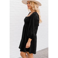 Black Suede Square Neck Puff Sleeve Dress - L thumbnail