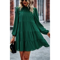 Green Puff Sleeve Mock Neck Back Knot Tiered Dress - XL thumbnail