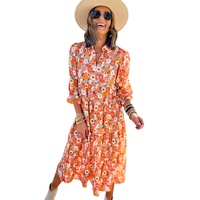 Azura Exchange Multicolor Boho Floral Collared Long Sleeve Ruffled Dress - M thumbnail