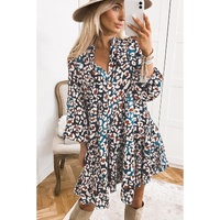 Blue Leopard Print Bubble Sleeve Ruffled Shirt Dress - M thumbnail