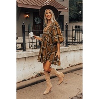Brown Plaid Pattern Empire Waist Babydoll Dress - S thumbnail