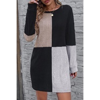 Black Ribbed Color Block Drop Shoulder Long Sleeve Mini Dress - M thumbnail