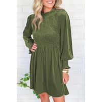 Moss Green Frilled Neck Smocked Bodice Velvet Dress - L thumbnail