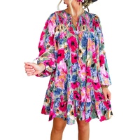 Multicolour Floral Tie Neck Bubble Sleeve Shift Dress - S thumbnail