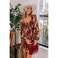 Multicolour Smocked High Waist Long Sleeve Floral Dress - L thumbnail