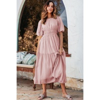 Pink Puff Sleeve Pleated High Waist Flowy Long Dress - M thumbnail
